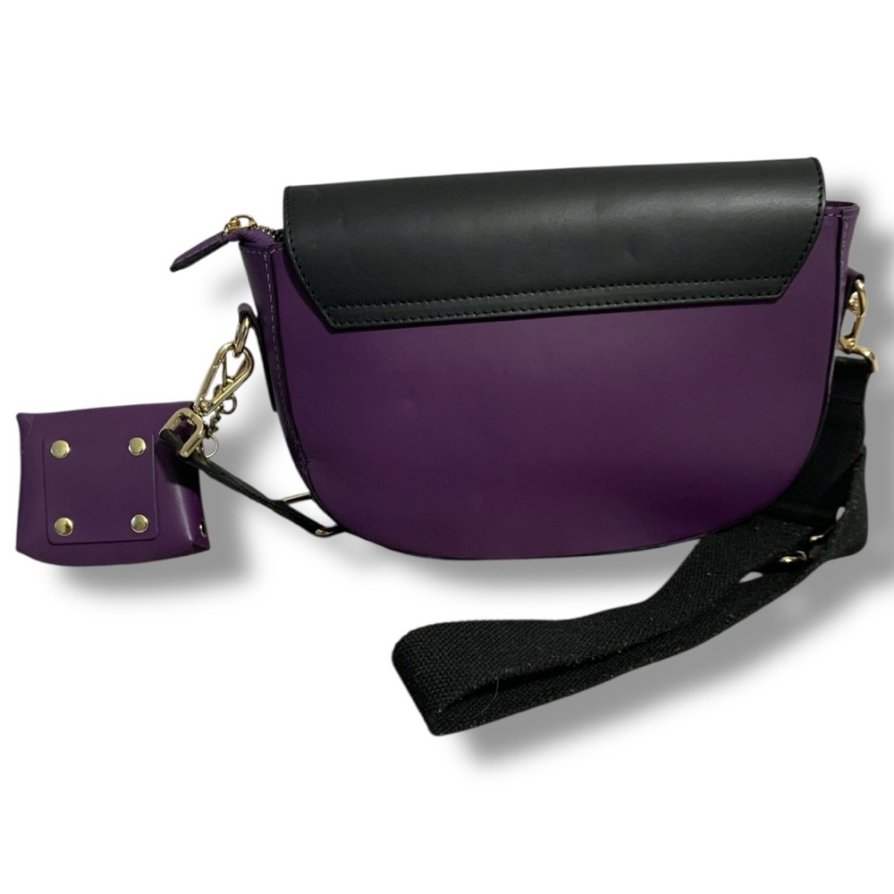 STELLA BIANCA Purple/Black Genuine Leather Flap Crossbody Shoulder Bag Italy - Picture 4 of 10